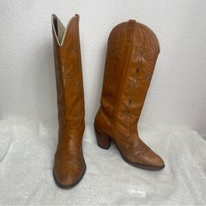 Vintage Women's Dingo Cognac Leather Heeled Western Boot Size 9 Cottagecore